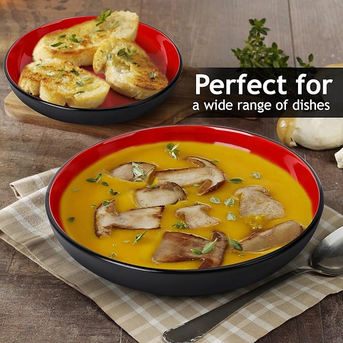 MIAMIO β 30 Oz / 8.6 Inch Set of 6 Pasta Bowls/Salad Bowls, Pasta Plates Wide and Shallow Bowl, Large Ceramic Stoneware Deep Plate Serving Soup - Le Papillon Collection (Red)