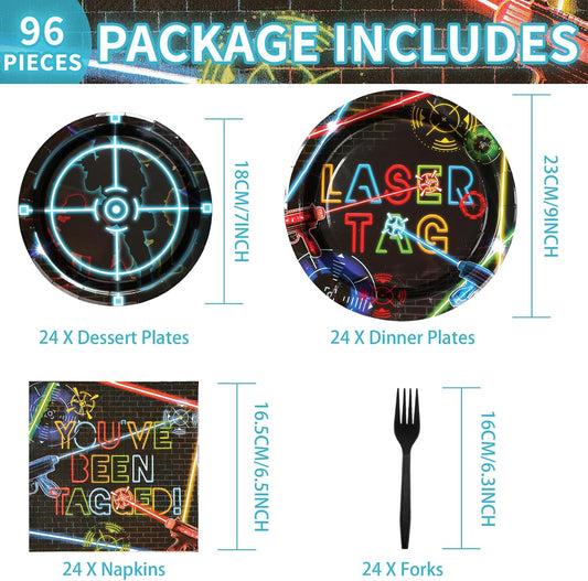 96 Pcs Laser Tag Party Supplies Disposable Glow Neon Plates Napkins Forks Tableware Set Laser Tag Party Favors for Kids Boys Girls Neon Glow Shooting Game Laser Tag Birthday Decorations Serves 24