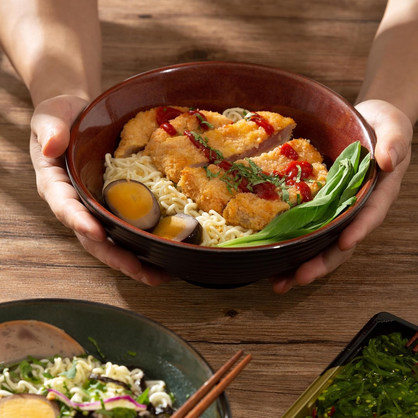 8 Inch Ceramic Ramen Bowl Set of 2, 40oz Japanese Bowls with Spoons & Chopsticks,Durable,Microwave & Dishwasher Safe,Perfect for Ramen,Pho,Salad,Soup,Noodles,Mixing bowls(Carnelian)