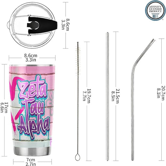 Zeta Tau Alpha Paraphernalia Officially Licensed - 20 oz Stainless Steel Insulated Sublimation Tumbler - Graffiti