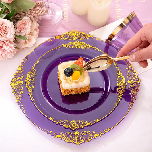 Nervure 175PCS Purple Plastic Plates - Disposable Purple Gold Party Plates & Pre Rolled Napkins with Cutlery for 25 Guests, 50Plates, 75Silverware, 25Cups, 25Napkin for Wedding & Party
