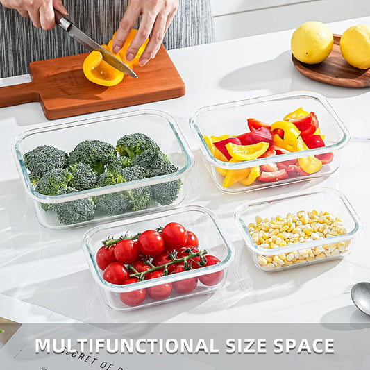 4 sealed glass lunch boxes with lids, transparent blue glass food storage containers, and sealed glass lunch boxes that can be placed in microwave ovens, refrigerators, and dishwashers