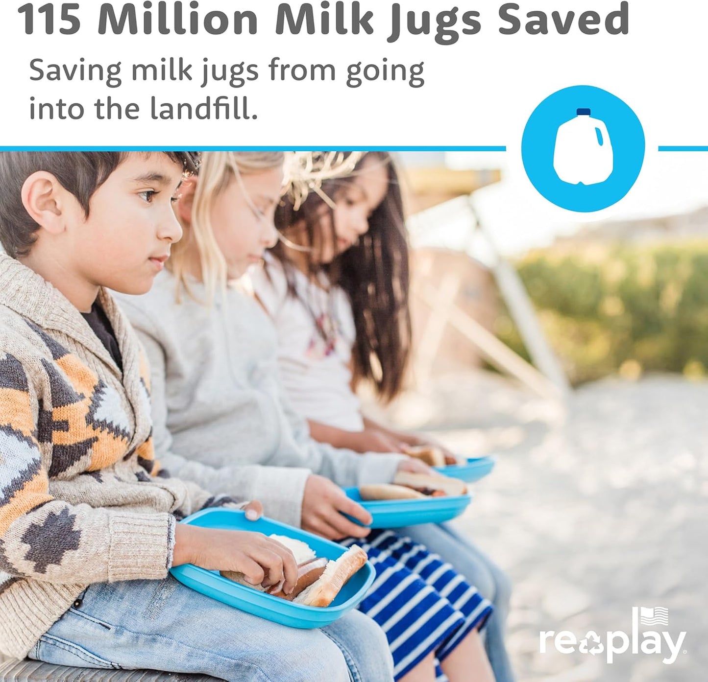 Re-Play Toddler Plates - 22 Oz. Deep-Walled Flat Kids Plates - Dishwasher & Microwave Safe - Made in USA - Set of 3-7.37" x 7.37" x 1.25" - True Blue