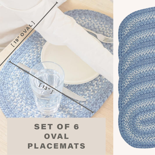 Homespice Denim Jute Braided Oval Placemats, Country Coastal Decor, Set of 6, 13x19 Blue Table Mats - Vibrant Colors, Durable, Easy to Clean and Protects Furniture