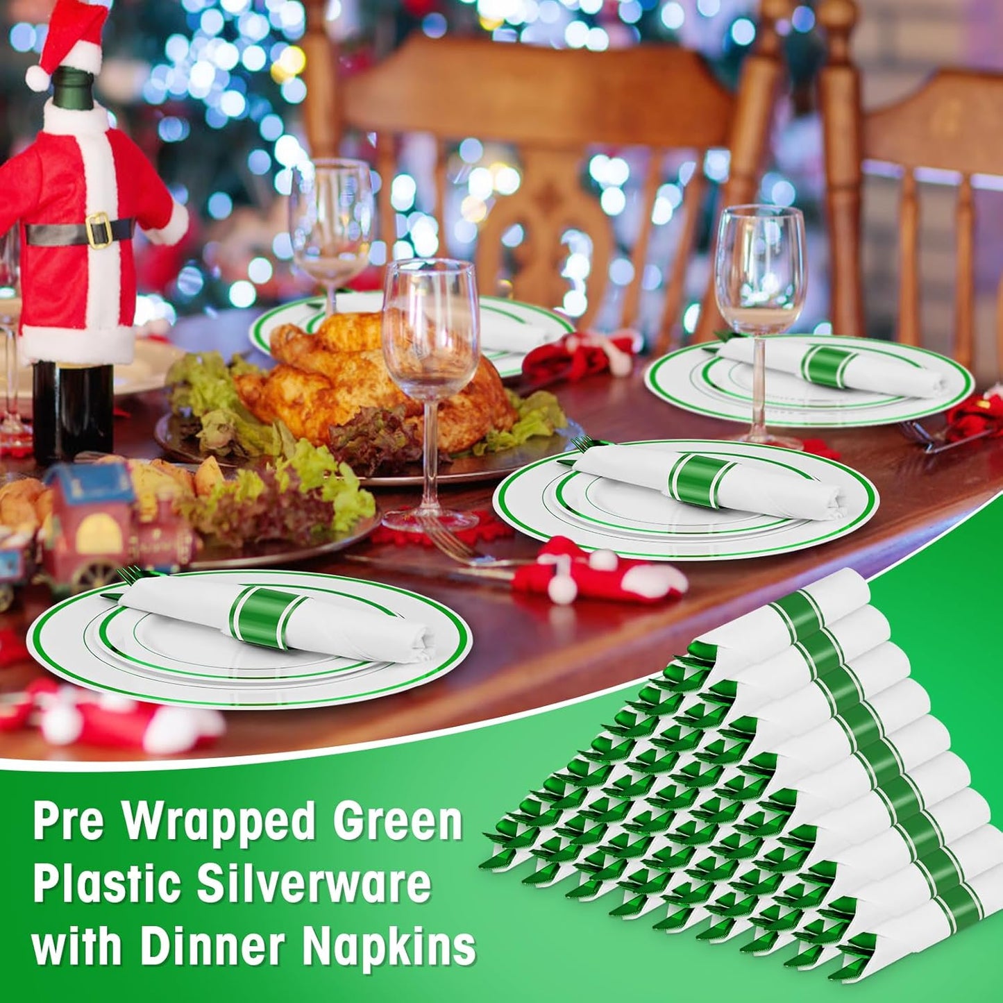 100Pack Pre Rolled Green Plastic Silverware - Wrapped Green Disposable Cutlery with Napkins, Pre Rolled Plastic Cutlery Set, Disposable Silverware with Dinner Napkins for St Patrick's Day