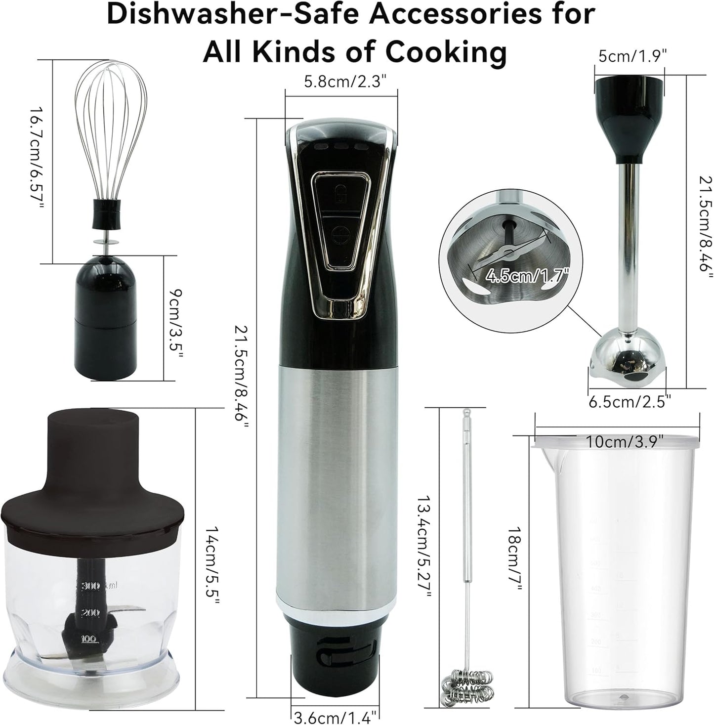 Cordless Portable Immersion Blender 5-in-1 Blender Set, Ice Crushing Power with One-Touch Speed Control, Comes with Potato Masher, Whisk, Chopper, Beaker, and Storage Case, Stainless Steel
