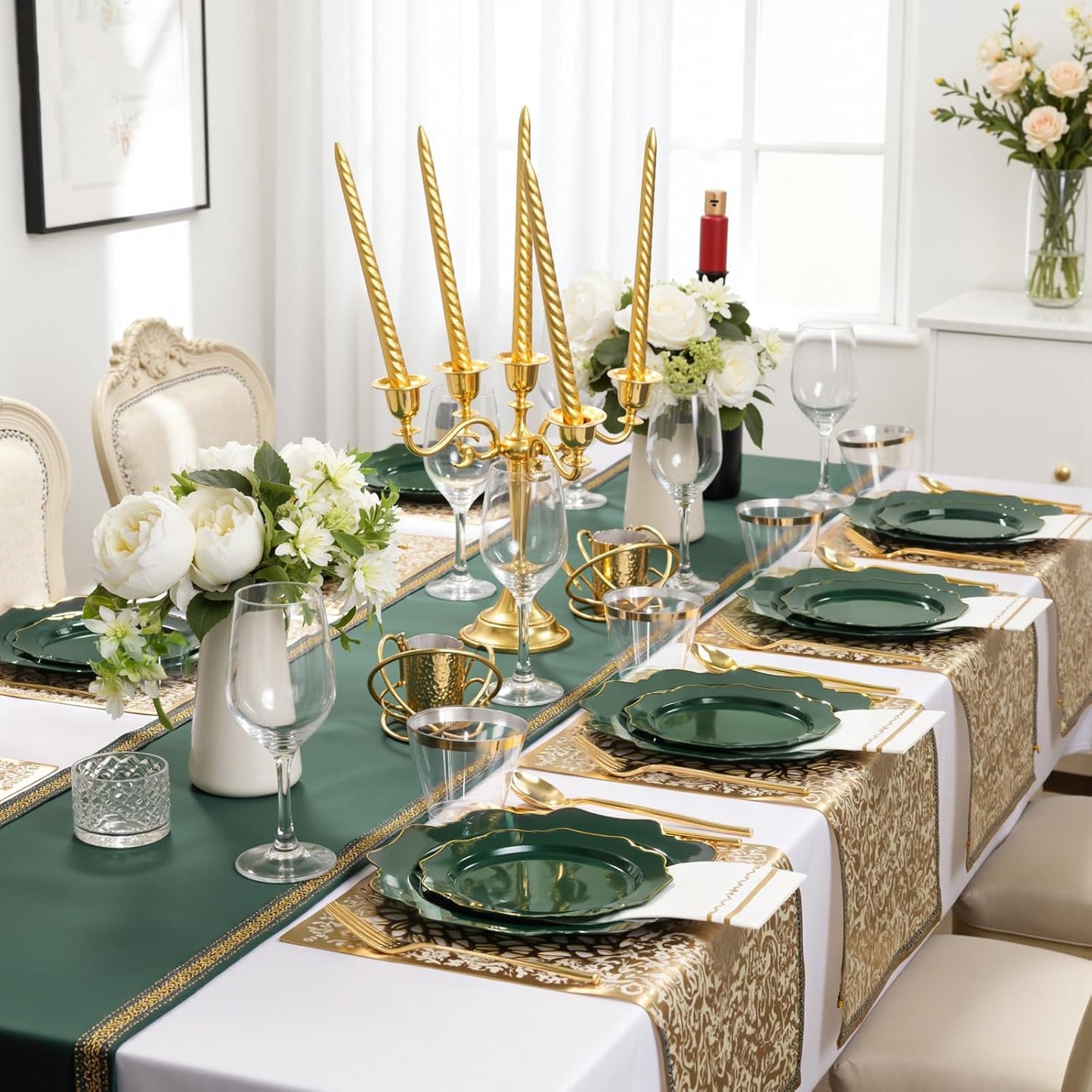 WDF 175Pcs Green Plastic Plates - Green Plates Disposable with Gold Rim - Christmas Plastic Plate - Fancy Disposable Dinnerware Sets 25 Guests Ideal for Christmas/Party/Wedding