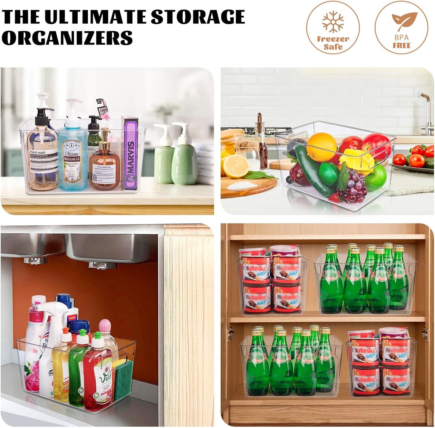 Clear Plastic Storage Bins-6 Pack Large Pantry Organizers and Storage Containers for Kitchen, Bathroom, Under-Sink, Office, Closet, Garage, Freezer and Snack