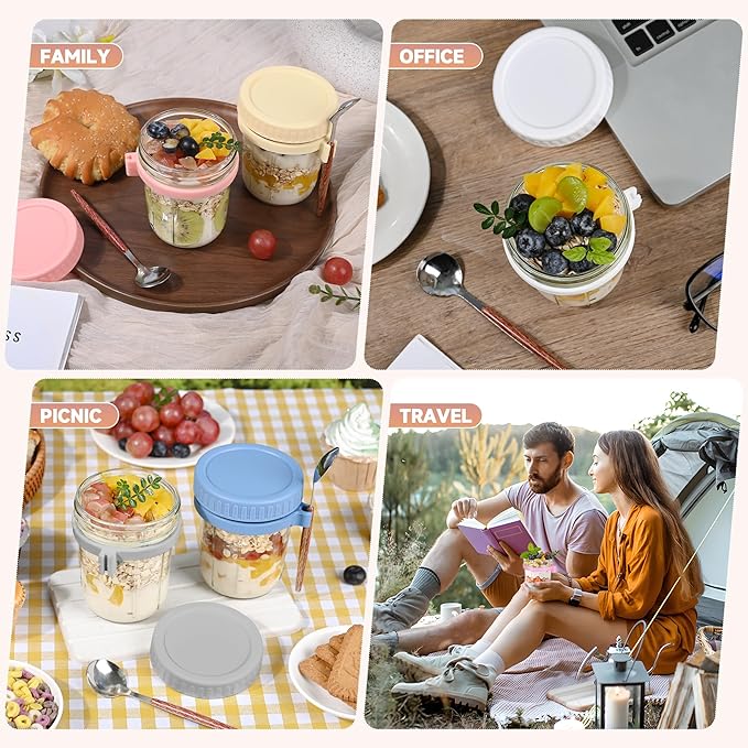 6 Pack Overnight Oats Containers with Lids and Spoons,16oz Mason Overnight Oats Jars for Yogurt,Grains,Fruits,Vegetables,Salads