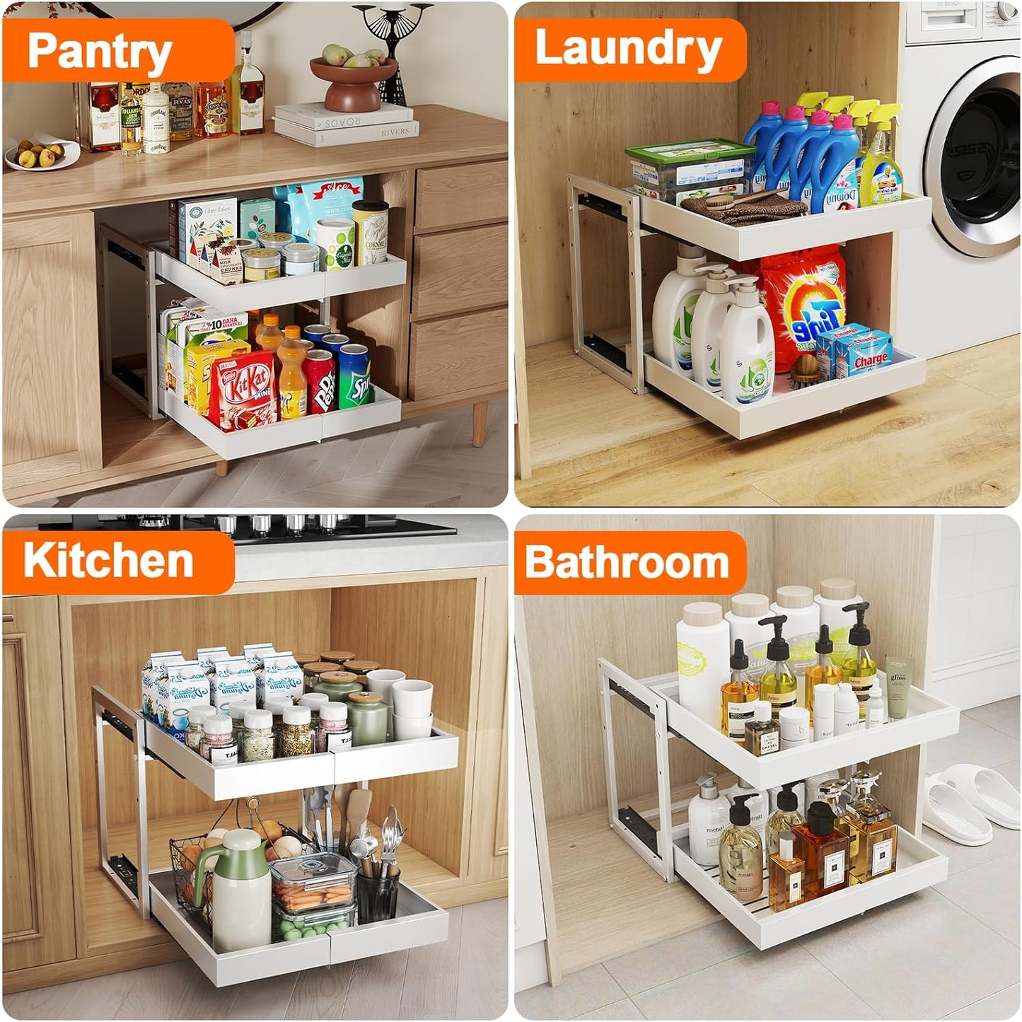 Golener Pull Out Cabinet Organizer - 2-Tier Slide Out Expandable Drawers for Kitchen Cabinets, Bathroom Organizers and Storage, Under Sink Organizer for Kitchen Storage Organization, White Metal Frame