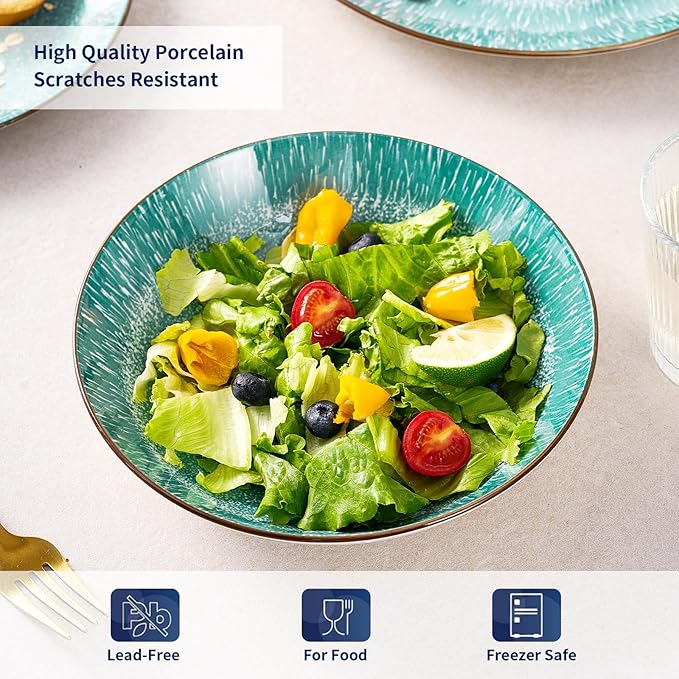 Bestone Plates and Bowls Sets,12 Pieces Round Porcelain Dinnerware Sets,Dishes, Plates, Dishware Sets,Chip Resistant Ceramic Dish Set Dining Dinner Ware Service for 4,New green