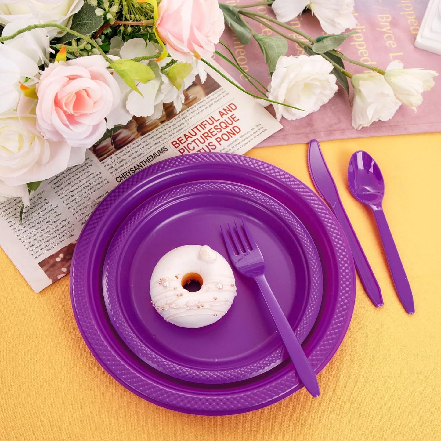 MirthMood 350Pcs Purple Party Supplies, Purple Plastic Dinnerware Set, Including Plates and Napkins, Plastic Cutlery and 12OZ Cups