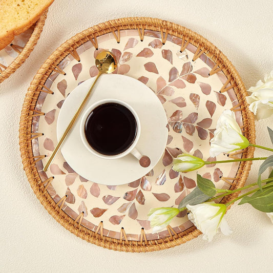 Round Rattan Tray with Mother of Pearl Inlay, Rattan Serving Tray with Wooden Base, Decorative Wicker Basket for Table Decor, Storage and Display of Coffee Bread Food Fruit (Wicker)