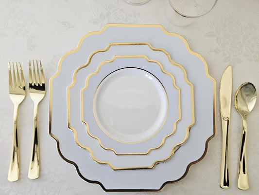 " OCCASIONS " 80 Plates Pack,(40 Guests) Heavyweight Wedding Party Disposable Plastic Plates Set -40 x 10.5'' Dinner + 40 x 8'' Salad/Dessert Plate (Imperial in White/Blue & Gold)