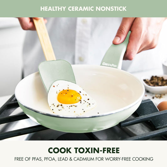 GreenPan Dover 8” Frying Pan Skillet with Spatula, Non-Toxic PFAS-Free Ceramic Nonstick Coating, Sear Saute Fry Egg Omlete, Dishwasher & Oven Safe, Stay Cool Handle, Easy Pour Rims, Pastel Green
