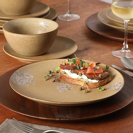 Gibson Elite Valencia Bloom 12 Piece Plates and Bowls Dinnerware Set - Taupe with Floral Decal Dishes - Microwave and Dishwasher Safe