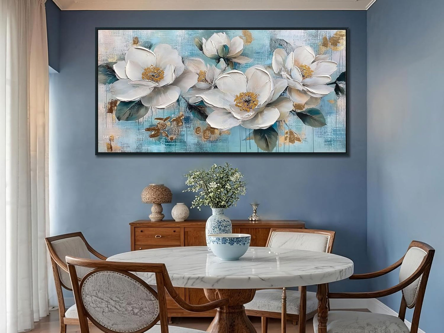 Ardemy White Floral Wall Art, Framed Canvas Wall Art For Living Room Large Teal Pictures Wall Decor Flower Paintings Artwork for Walls Dining Room Bedroom Home Office 40"x20"