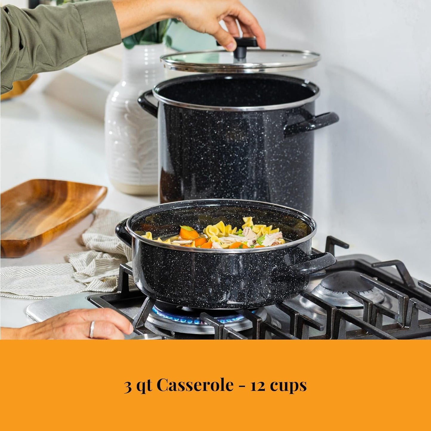 Granite Ware 3-Piece Cookware Set, 8 Qt Stock Pot & 3 Qt Casserole w/Glass Lid, Speckled Black