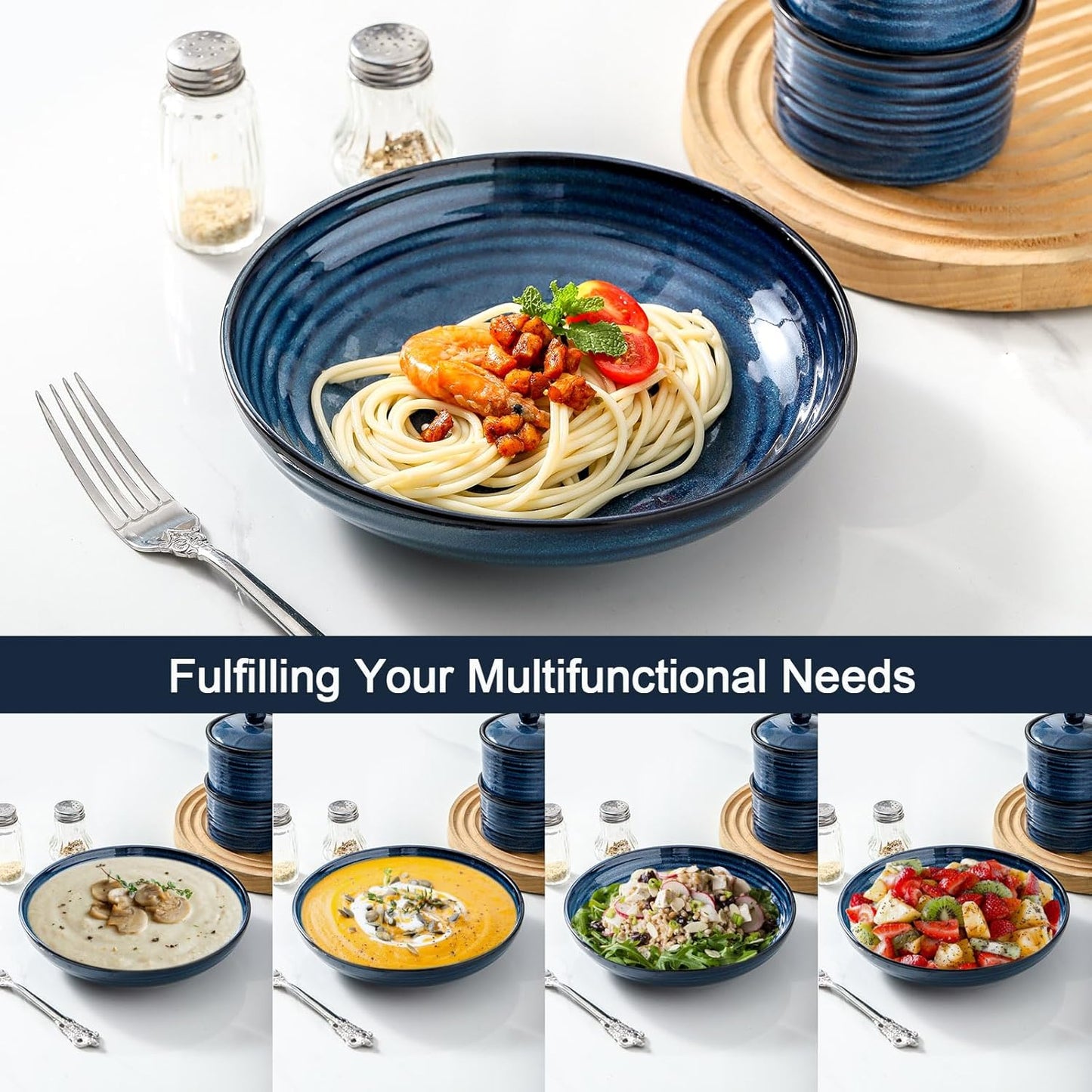 Hasense Pasta Bowls Set of 2, 32 Oz Porcelain Shallow Dinner Bowls for Salad, Soup, Home Gift - Dishwasher & Microwave Safe, Blue