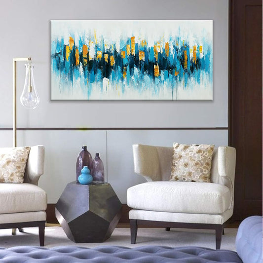 Blue Abstract Wall Art Living Room Abstract Painting Wall Decor Modern 24"X 48" Canvas Art Wall Decor Blue Gold Wall Art Canvas Prints Artwork Pictures For Bedroom Kitchen Artwork
