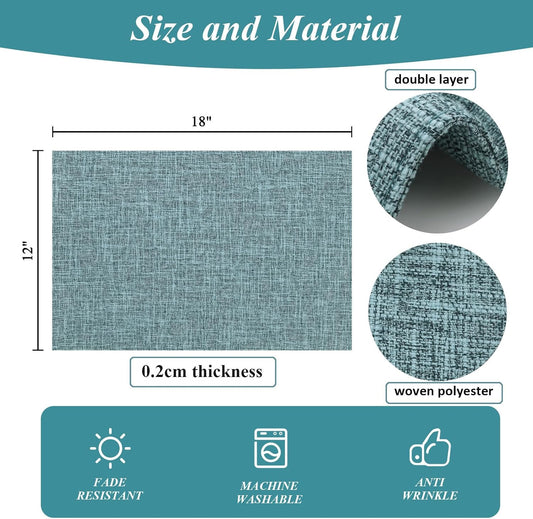 SHACOS Washable Fabric Placemats Set of 4 Heat Resistant Double Layer Cloth Table Mats Non Slip Farmhouse Place Mats, Blue Grey