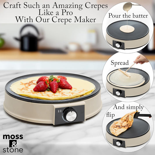 Moss & Stone 12” Electric Griddle Pan & Crepe Machine, Non-Stick Electric Crepe Maker with Adjustable Temperature, Includes Spreader & Spatula – Ideal for Pancakes, Blintzes & Tortillas