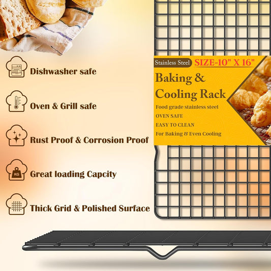 2PCS Cooling Racks for Cooking and Baking - 10" x 16"Heavy Duty Stainless Steel Wire Rack for Baking, Grilling, Roasting - Oven & Dishwasher Safe - Fits Half Sheet Pan(Black)