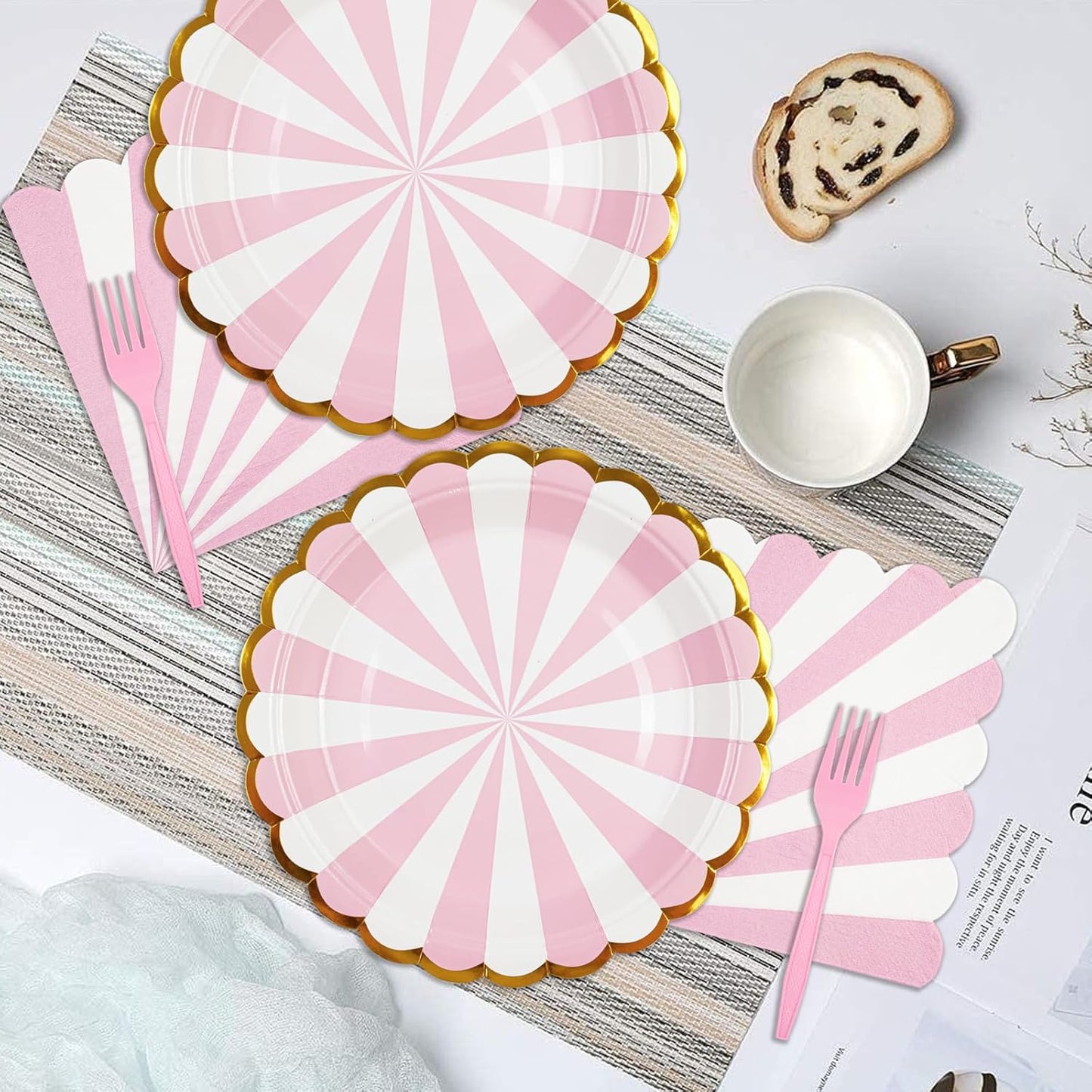 72PCS Pink Paper Plates and Napkins Party Supplies, Gold Foil Edge Scalloped Striped Plates Napkins Disposable Tableware Set for Birthday Wedding Baby Shower Party Decoration (Pink)