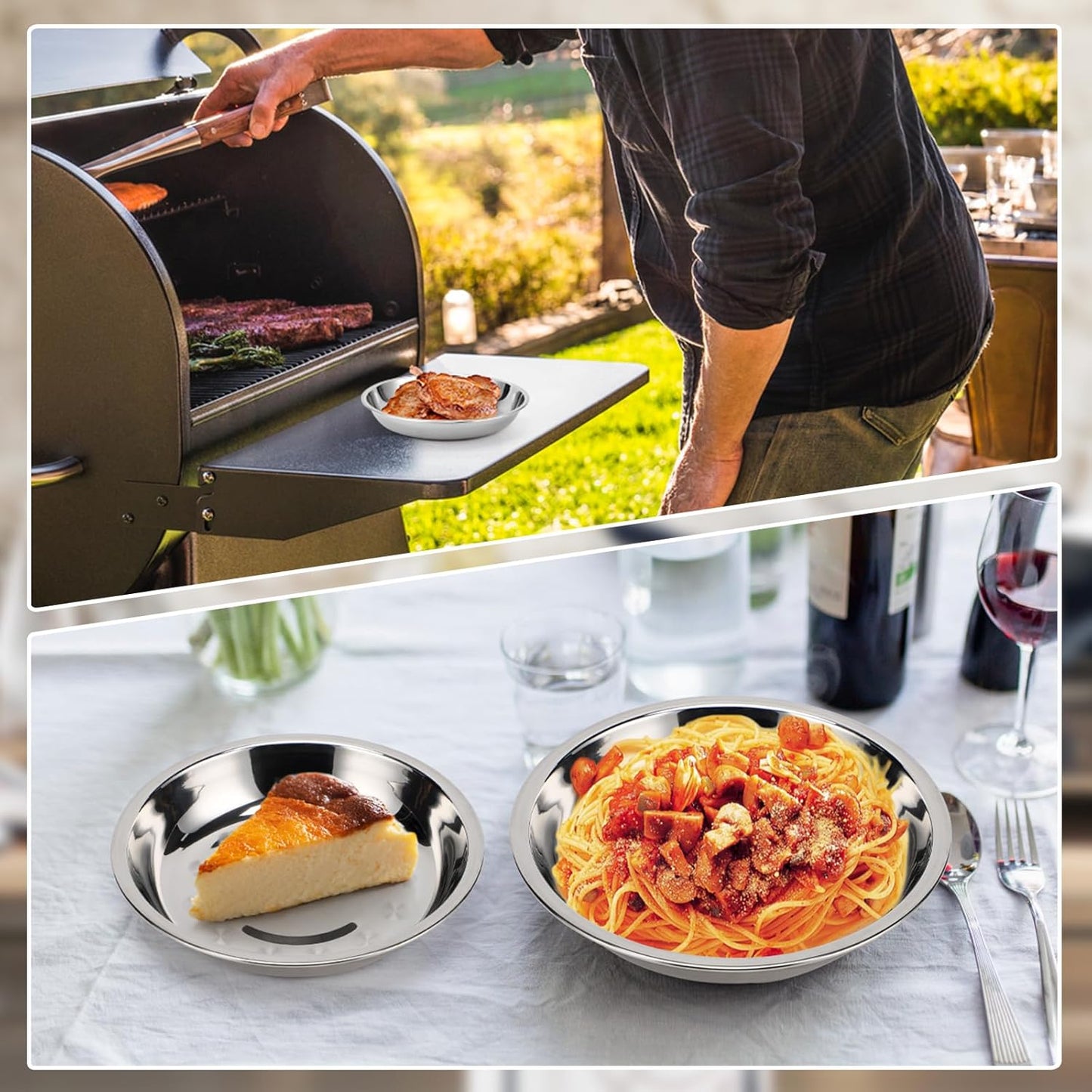 4 Patterned Deep Stainless Steel Plates, 7.8 inch 304(18/8) Metal Camping Plate, Reusable Food Serving Snack Eating Dishes Round Shatterproof Silver BBQ Dinner Dinnerware Oven Dishwasher Safe