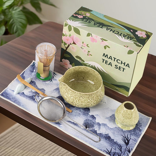 Matcha Whisk Set, 7 Pcs Matcha Kit Includes Matcha Bowl, Whisk and Holder, Bamboo Scoop, Scoop Rest, Sifter and Tea Towel, Gift for Matcha Lover (Mottled Green)