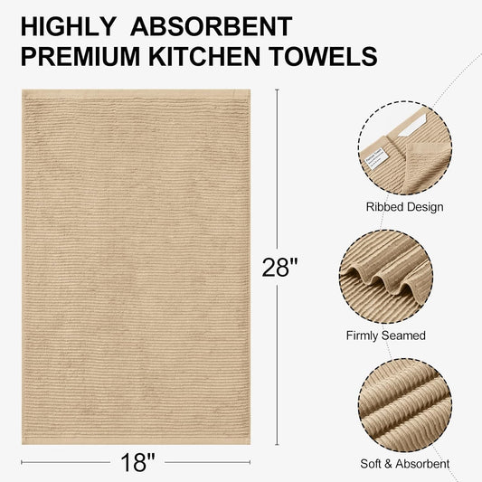 Homaxy Premium Kitchen Towels (18"x 28", 8 Pack), Large 100% Cotton Kitchen Hand Towels, Ultra Absorbent Ribbed Terry Tea Towels Set with Hanging Loop, Khaki
