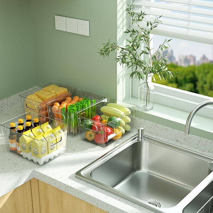 BALEINE Clear Plastic Storage Bins, Pantry Organization, BPA Free Stackable Refrigerator Organizers and Storage with Handles for Kitchen Fridge Cabinet Bathroom (6PK, 13x7.4x6.2)