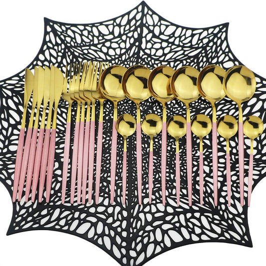 Shiny Silverware Sets, 24-Piece Elegant Cute Pink Handle Gold Cutlery set,304 Stainless Steel Silverware Set for Eating Home Kitchen Hotel Restaurant, Sets for 6 People, Dishwasher Safe