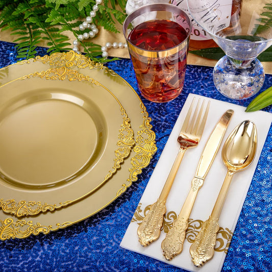 Morejoy 175PCS Solid Gold Plastic Plates with Gold Rim,gold disposable dinnerware sets Include 25 Dinner Plates,25 Dessert Plates,25 Cutlery Sets,25 Napkins Perfect for Party & Thanksgiving