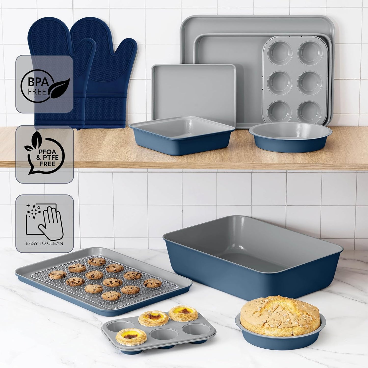 Country Kitchen Nonstick Stackable Bakeware Set - Deluxe Heavy Duty, Durable, Easy Release Baking Set, Denim, 13 Pcs