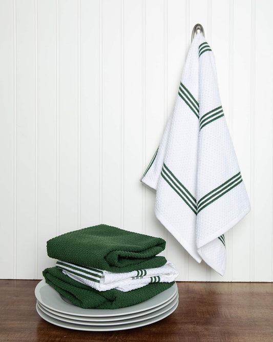 Sticky Toffee Cotton Kitchen Towels Set of 4 – 28x16 in Dark Green and White Dish Towels, Reusable and Absorbent Tea Towels for Cleaning or Drying, Oeko-Tex Cotton