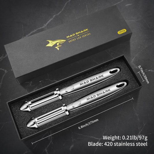 MAD SHARK Ultra Sharp Peeler,Flat/Serrated Blade 2 in 1–10 Years No-Rust,I-Shaped Stainless Steel Peelers,Vegetable Peeler with Ergonomic Non-Slip Handle,Potato Peelers for Kitchen 2pc