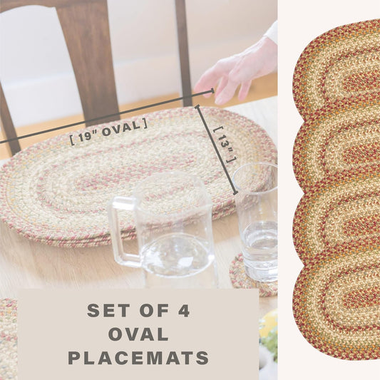 Harvest Jute Braided Placemats, Warm Country Decor, Set of 4, Multicolor 13x19 Oval Table Mats - Vibrant Colors, Durable, Easy to Clean and Protects Furniture