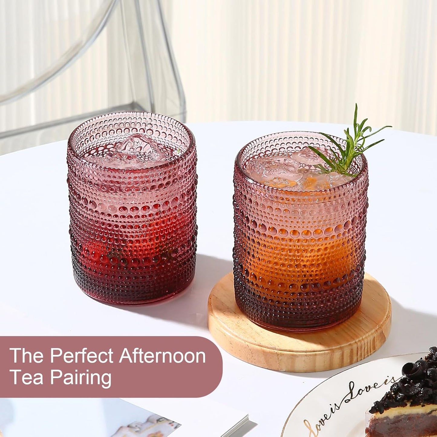 Vintage Glassware Drinking Glasses Set of 6,12 oz Hobnail Glass Cups,Embossed Purple Water Tumbler,for Beer,Cocktail,Whiskey,Juice and Various Mixed Drinks- 1 Cleaning Brush