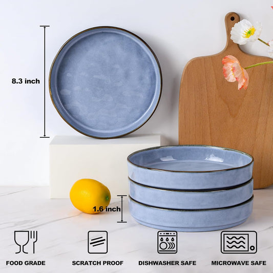 E-far Pasta Bowls Set of 4, 30oz Shallow Salad Bowls for Dinner Serving, 8.25" Stoneware Ceramic Bowl Plates for Noodle Soup, Microwave & Dishwasher Safe, Reactive Glaze, Blue