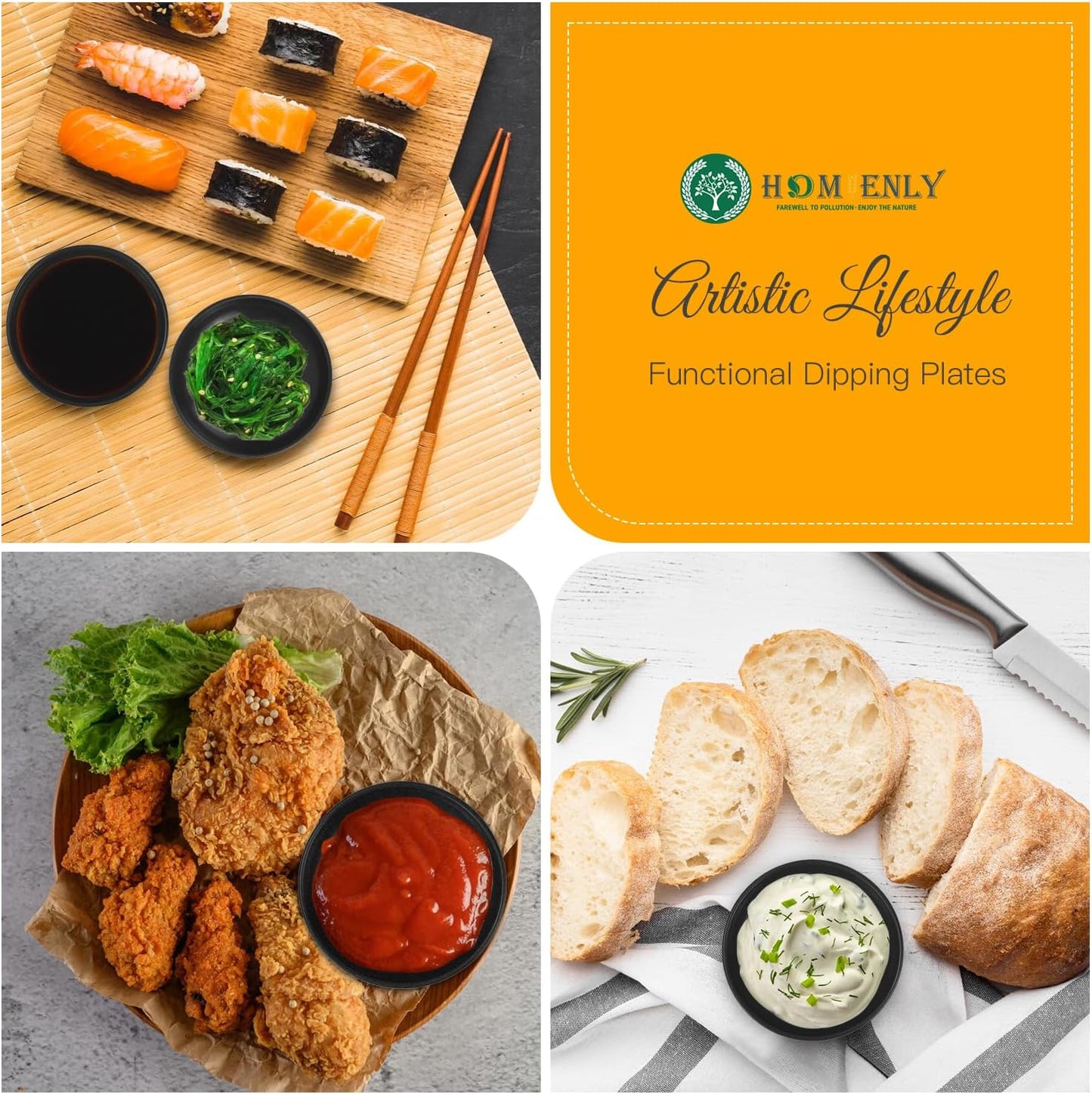 Plastic Dipping Plates Set of 8 - 4 inch Wheat Straw Plates,Soy Sauce Dish,Dipping Bowls,Small Serving Bowls for Side Dishes, Mini Appetizer Plates for Side Dishes,Condiment,BBQ and Party Dinner-Black