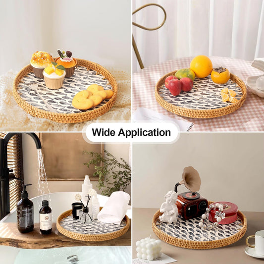 Round Rattan Tray with Mother of Pearl Inlay, Rattan Serving Tray for Coffee, Bread, Fruits, Decorative Wicker Tray for Table Decor, Home Decor, Kitchen Island Decor (Dark Blue Fish, 11.8")