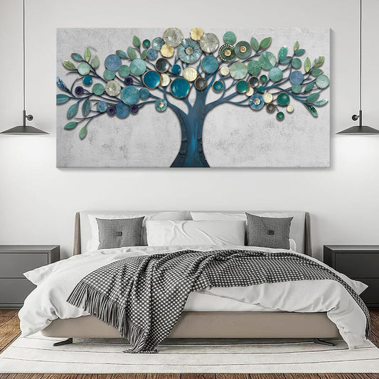 CHATYOUNG Large Canvas Wall Art - Wall Pictures Artwork for Living Room Tree of Life Blue Gold Leaves Gray Background Paintings Bedroom Dining Room Office Kitchen Home Decor 58"x29"