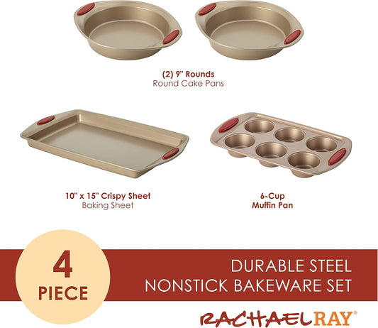 Rachael Ray Cucina Bakeware Set Includes Nonstick Cake Cookie Baking Sheet and Muffin Cupcake Pan, 4 Piece, Latte Brown with Cranberry Red Grips