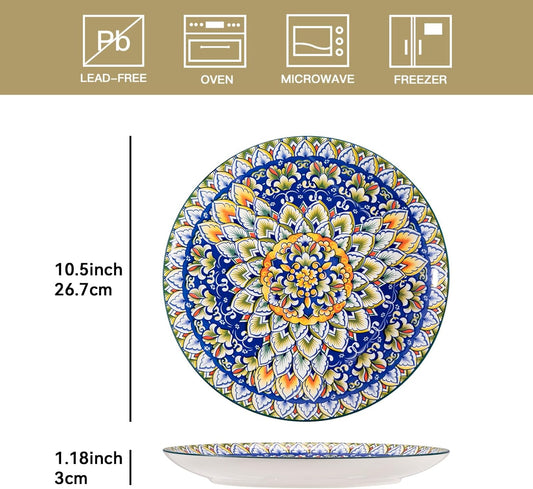 Sweejar Dinner Plates 10.5 Inch,Ceramic Large Plates Set of 6,Bohemian Style Colorful Plate Dishwasher and Microwave Safe Round Porcelain Dessert Plates for Kitchen