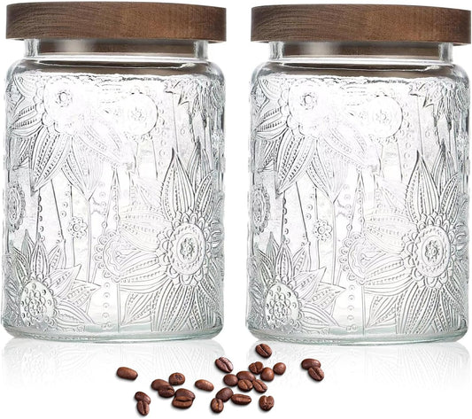 24 OZ Airtight Glass Storage Jar with Bamboo Lid - Vintage Glass Jar Vintage Food Containers Canisters Set for Kitchen Counter & Pantry - Ideal for Sugar, Flour, Coffee, Tea, Candy, Oats, Cereal