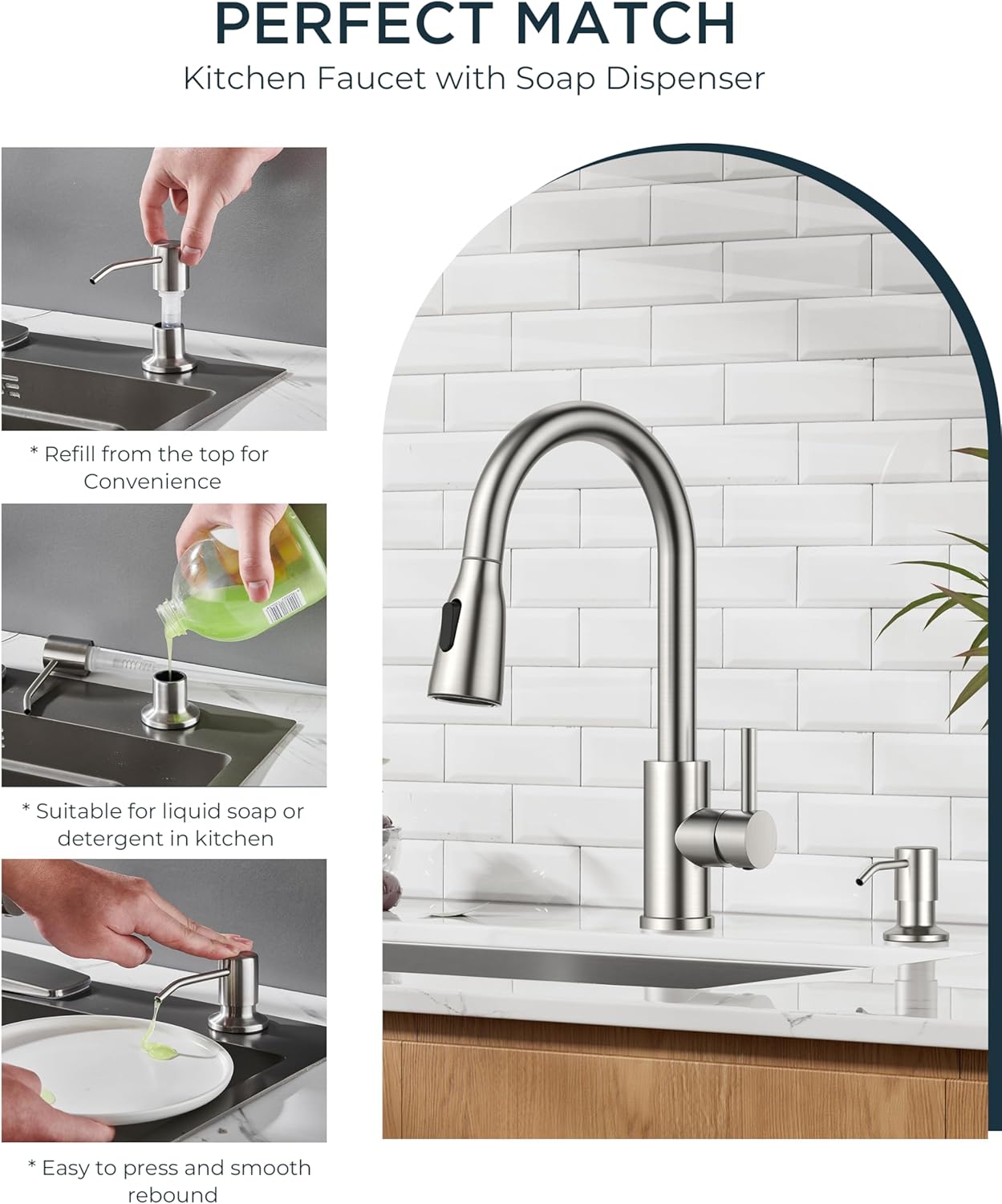 FORIOUS LED Kitchen Faucet with Soap Dispenser and Pull Down Sprayer, Brushed Nickel High Arc Single Handle 3 Modes Stainless Steel Bar Faucet for Kitchen Sink Wet Laundry Camper