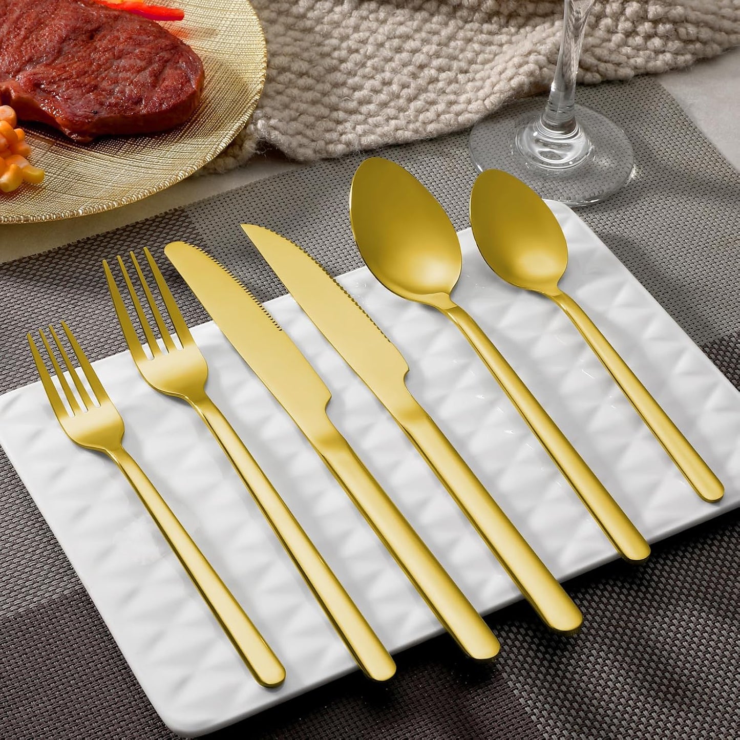 48 Pcs Gold Silverware Set with Steak Knives, Food-Grade Stainless Steel Flatware Cutlery Set for 8, Mirror Polished Tableware Eating Utensils Set for Kitchen, Knife Fork Spoon Set, Dishwasher Safe