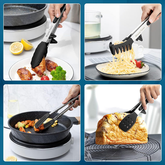 5-Pack Silicone Tongs for Cooking,Maywe Tanso 4PCS 13-Inch Kitchen Tongs with Silicone Tips,Nonstick Stainless Steel Tong for Steak Pie Pizza Pasta Spaghetti Salad BBQ Buffet,Plus Brush