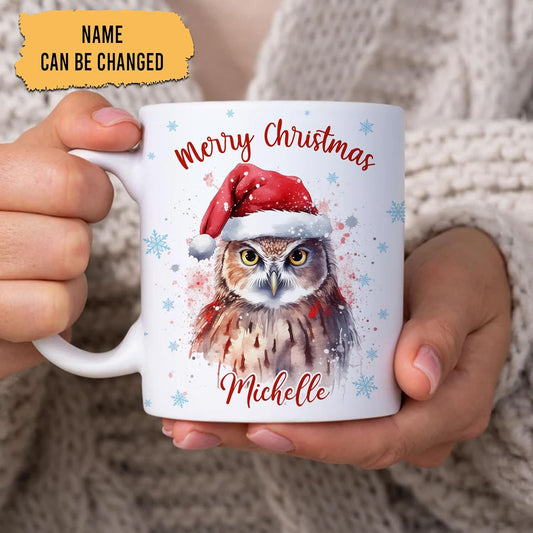 Hyturtle Personalized Gifts Owl Lover - Owl Wearing Santa Hat Custom Name Ceramic Coffee Mug Cup 11oz - Cute Animal Lovers Gifts For Women, Girl kids Family On Birthday, Christmas